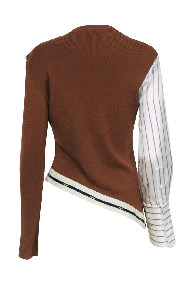 Current Boutique-Monse - Tan Knit Button Shoulder Sweater w/ Stripe Sleeve Sz S