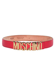 Current Boutique-Moschino - Red Leather Belt w/Gold Lettering Sz 12