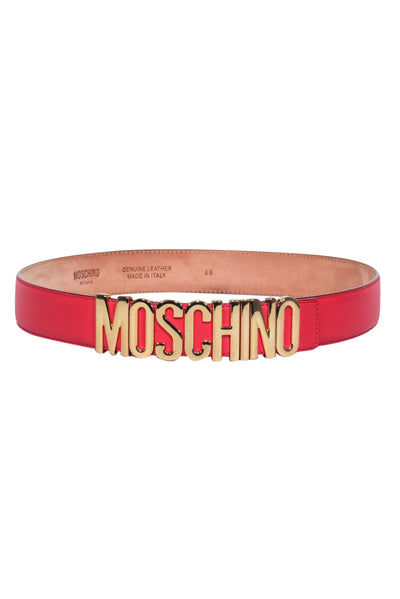 Current Boutique-Moschino - Red Leather Belt w/Gold Lettering Sz 12