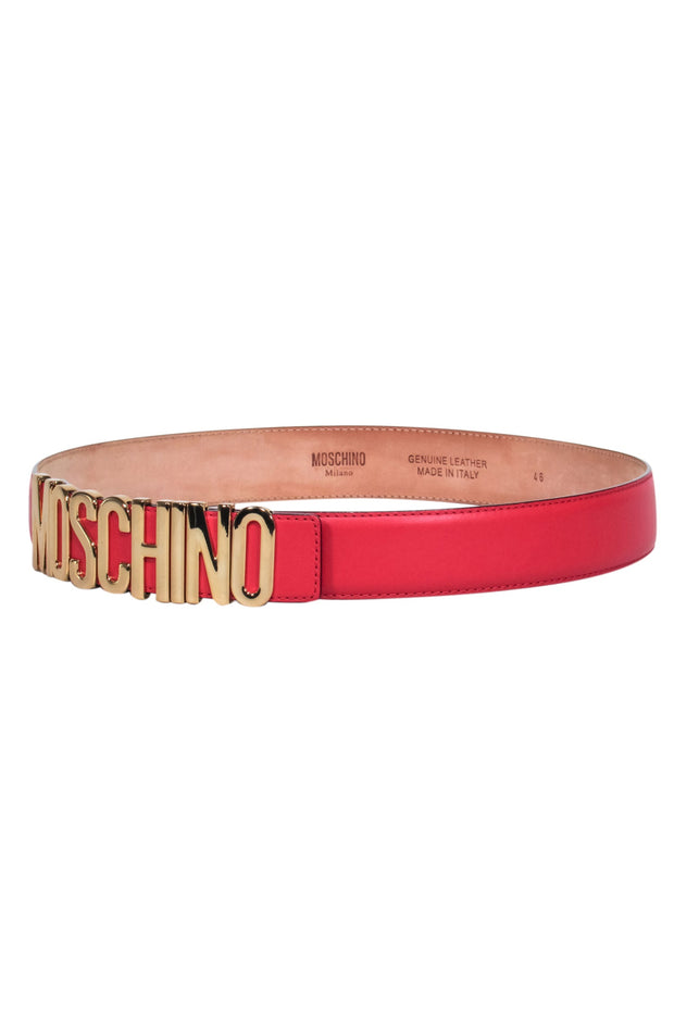 Current Boutique-Moschino - Red Leather Belt w/Gold Lettering Sz 12