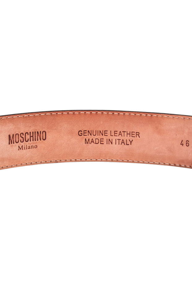 Current Boutique-Moschino - Red Leather Belt w/Gold Lettering Sz 12