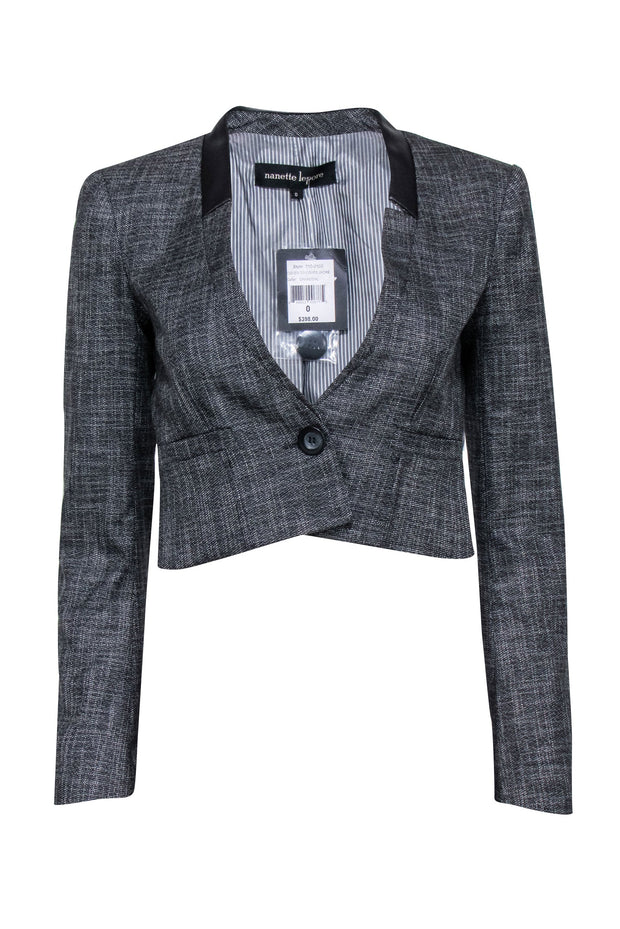 Current Boutique-Nanette Lepore - Grey Cropped One Button Blazer w/ Collarless Leather Trim Sz 0