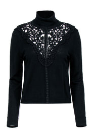 Current Boutique-Nanette Lepore - Black Knit w/ Lace Turtleneck Pullover Sweater Sz L
