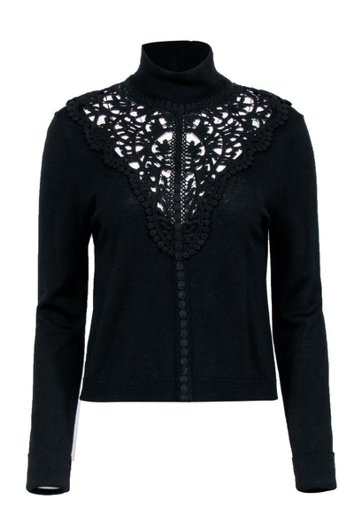 Current Boutique-Nanette Lepore - Black Knit w/ Lace Turtleneck Pullover Sweater Sz L