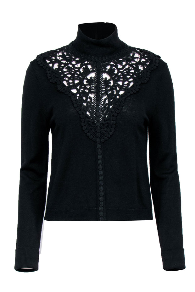 Current Boutique-Nanette Lepore - Black Knit w/ Lace Turtleneck Pullover Sweater Sz L