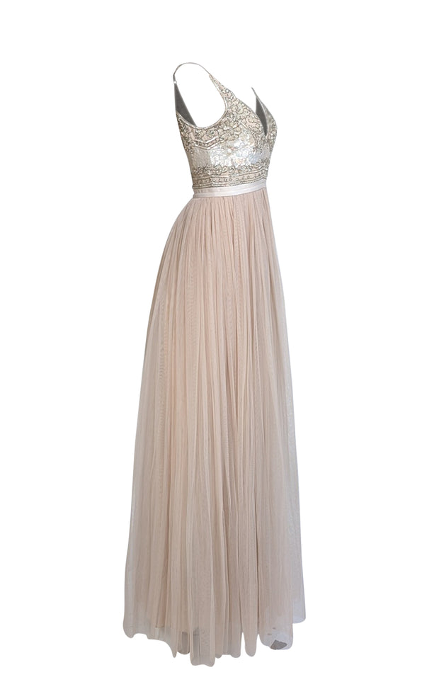 Needle & Thread - Beige Sequin & Beaded Bodice Tulle Bottom Formal Dress Sz 4 - Current Boutique