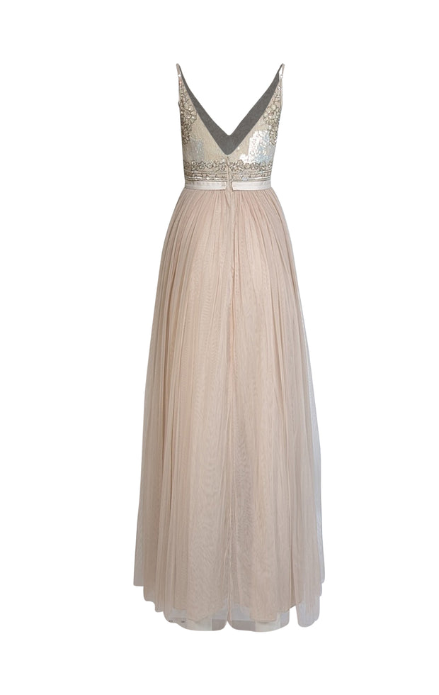 Needle & Thread - Beige Sequin & Beaded Bodice Tulle Bottom Formal Dress Sz 4 - Current Boutique