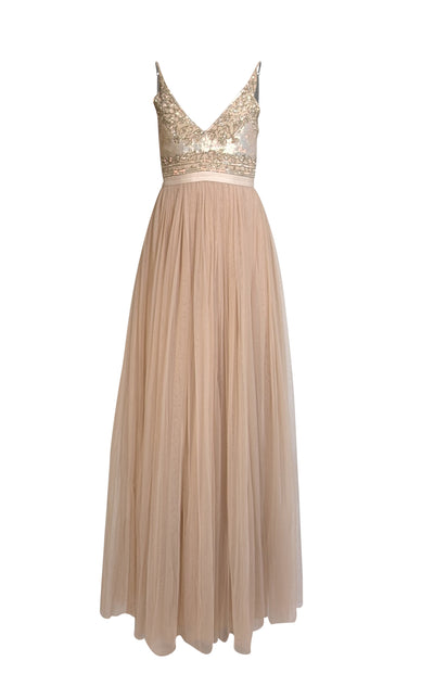 Needle & Thread - Beige Sequin & Beaded Bodice Tulle Bottom Formal Dress Sz 4 - Current Boutique