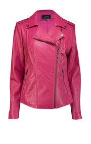 Neiman Marcus - Fuchsia Leather Moto Jacket Sz L - Current Boutique