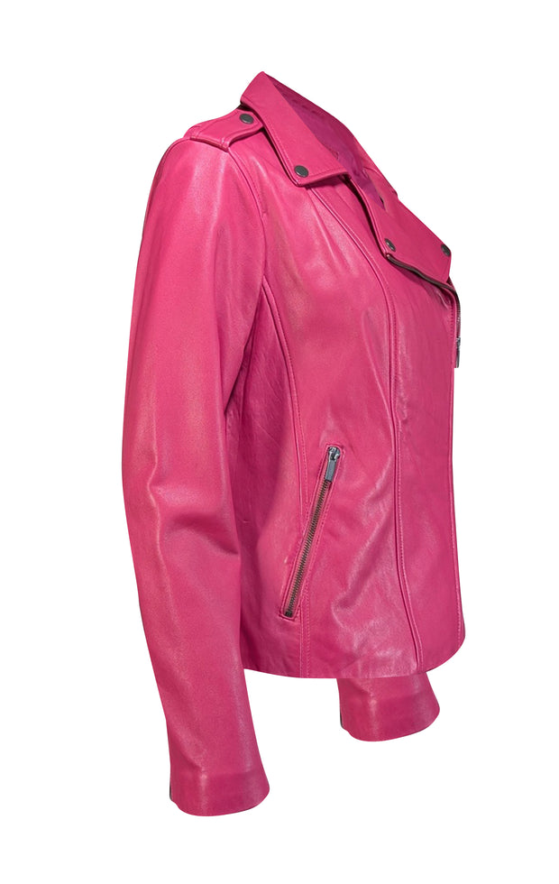 Neiman Marcus - Fuchsia Leather Moto Jacket Sz L - Current Boutique