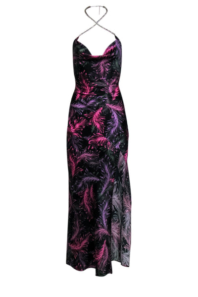 Current Boutique-Nicholas - Black & Purple Leaf Print Silk Dress w/ Embellished Halter Neck Sz 0