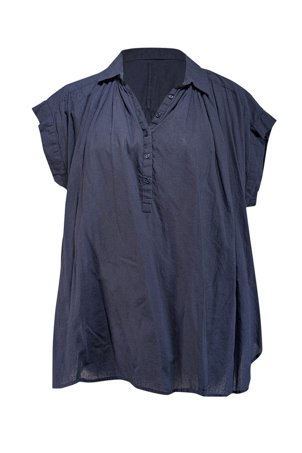 Current Boutique-Nili Lotan - Navy Cotton Oversized Shirred Blouse Sz S