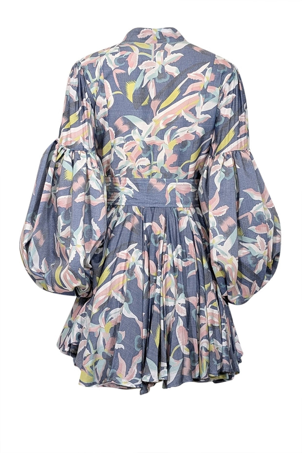 Current Boutique-No Pise La Grama - Blue w/ Pastel Orchid Print Linen Blend Mini Dress Sz 8