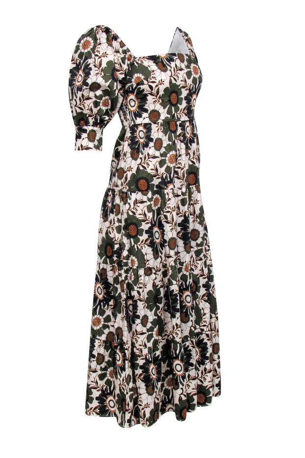 Current Boutique-o.p.t - Ivory w/ Olive, Black, & Orange Floral Detail Mid Maxi Dress Sz S