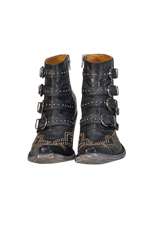 Current Boutique-Old Gringo - Black Leather Studded Buckle Detail Short Boots Sz 6.5