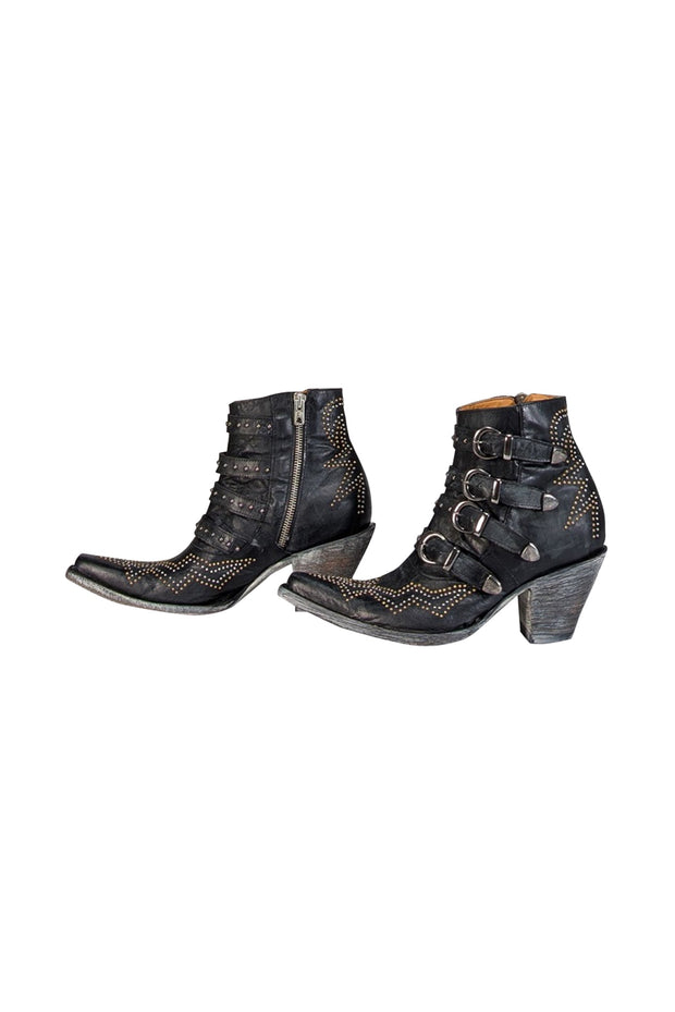 Current Boutique-Old Gringo - Black Leather Studded Buckle Detail Short Boots Sz 6.5