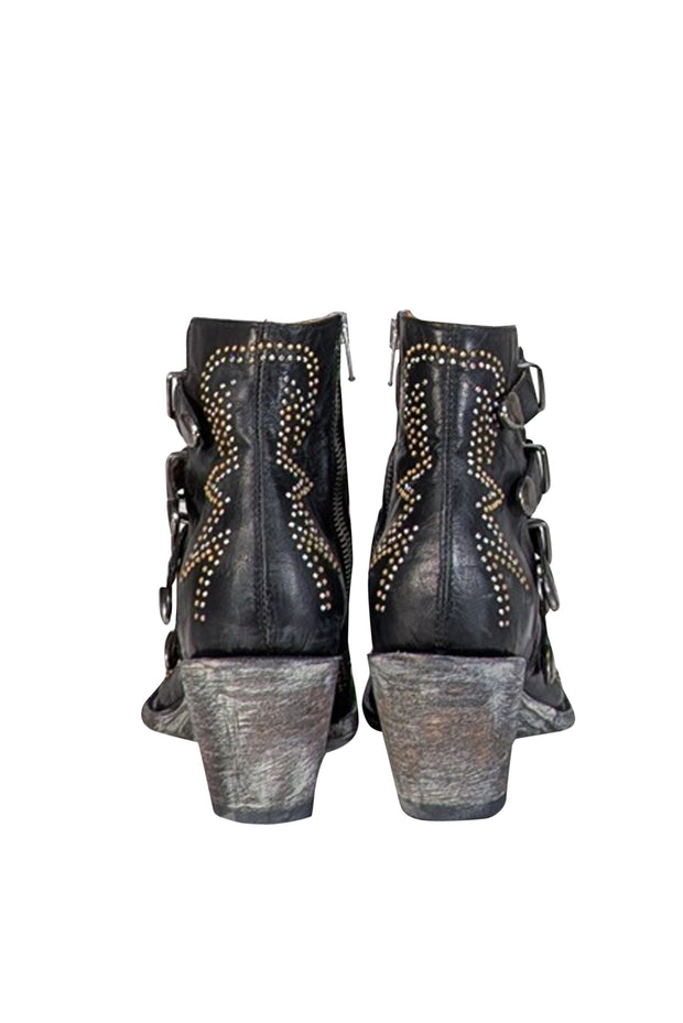 Current Boutique-Old Gringo - Black Leather Studded Buckle Detail Short Boots Sz 6.5