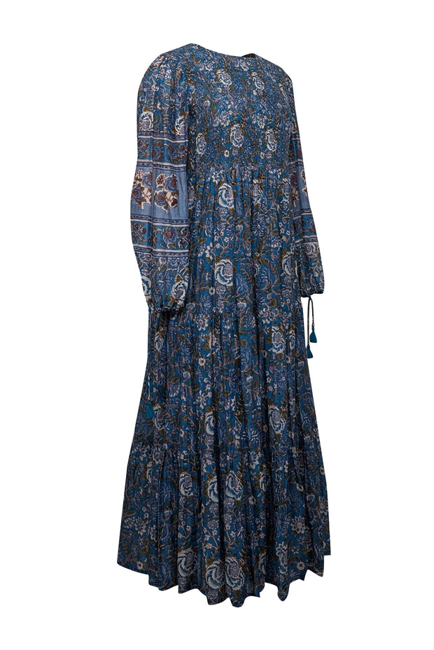 Current Boutique-Oliphant - Blue & Green Floral Smocked Bodice Dress Sz M