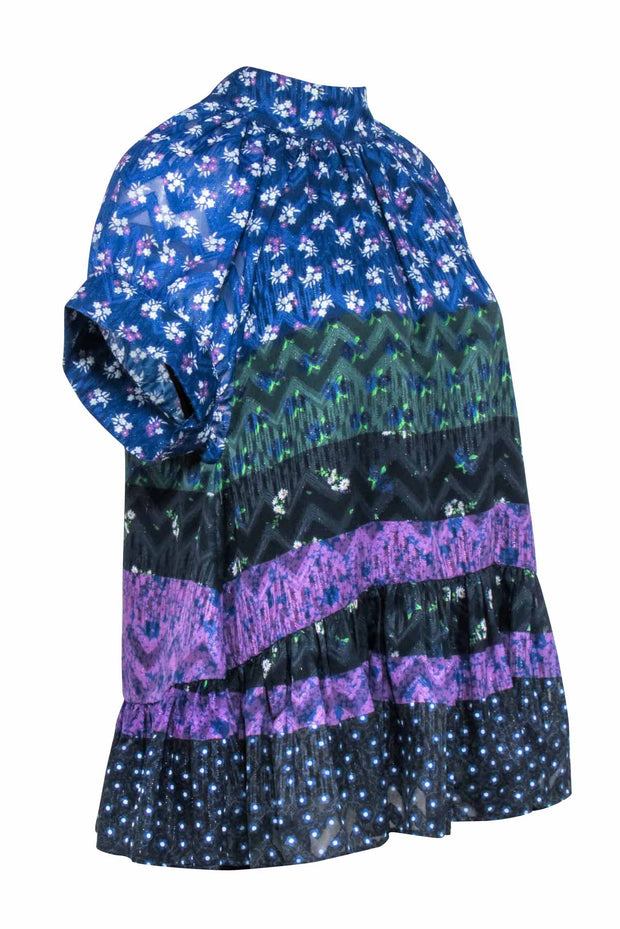 Current Boutique-Opening Ceremony - Blue & Multi Color Floral Short Sleeve Shirt Sz L