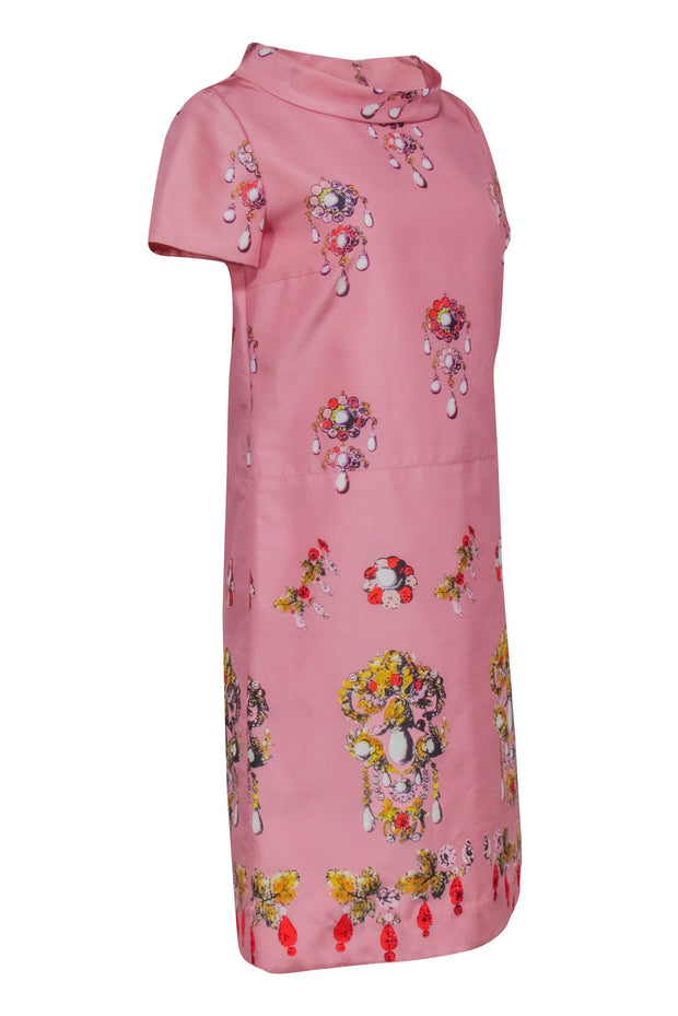 Current Boutique-Oscar de la Renta - Pink w/ Jewel Print Short Sleeve Dress Sz 6