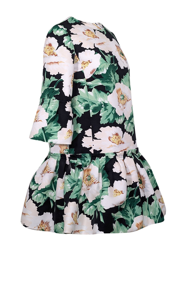 Current Boutique-Oscar de la Renta - Black, Ivory & Green Floral Ruffle Long Sleeve Cocktail Dress Sz 8
