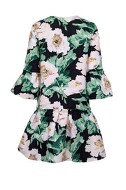 Current Boutique-Oscar de la Renta - Black, Ivory & Green Floral Ruffle Long Sleeve Cocktail Dress Sz 8