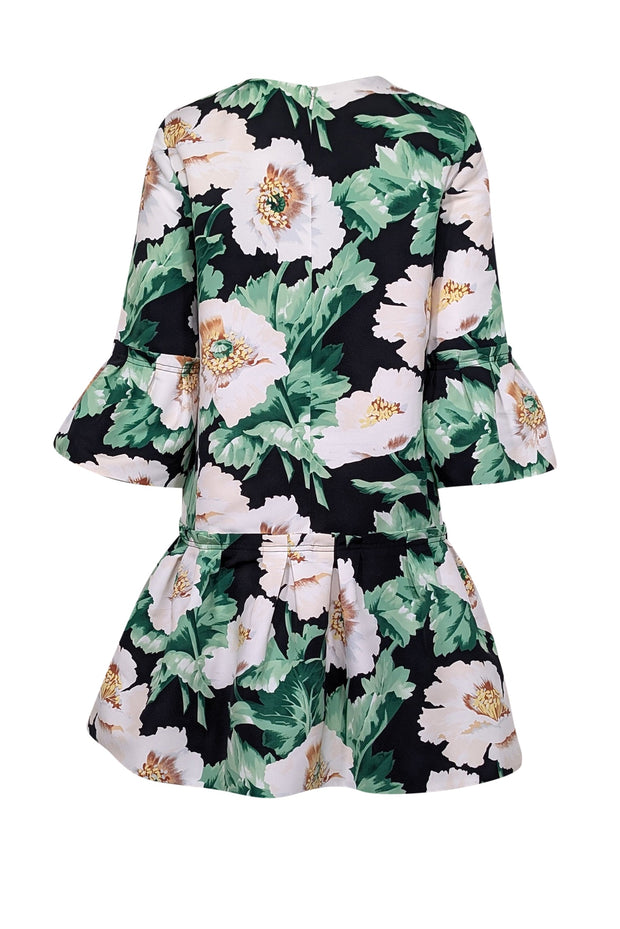 Current Boutique-Oscar de la Renta - Black, Ivory & Green Floral Ruffle Long Sleeve Cocktail Dress Sz 8