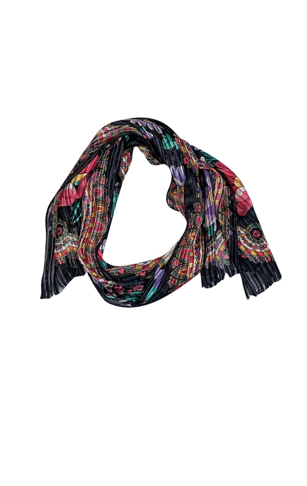 Oscar de la Renta - Navy &amp; Multi Color Floral Silk Scarf - Current Boutique