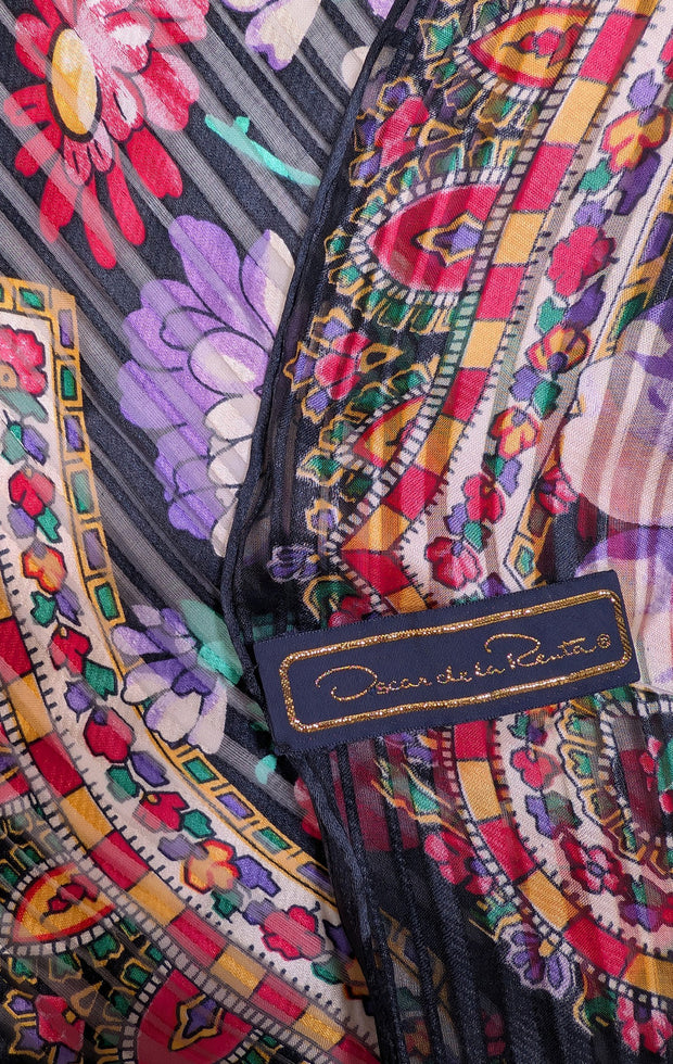Oscar de la Renta - Navy &amp; Multi Color Floral Silk Scarf - Current Boutique