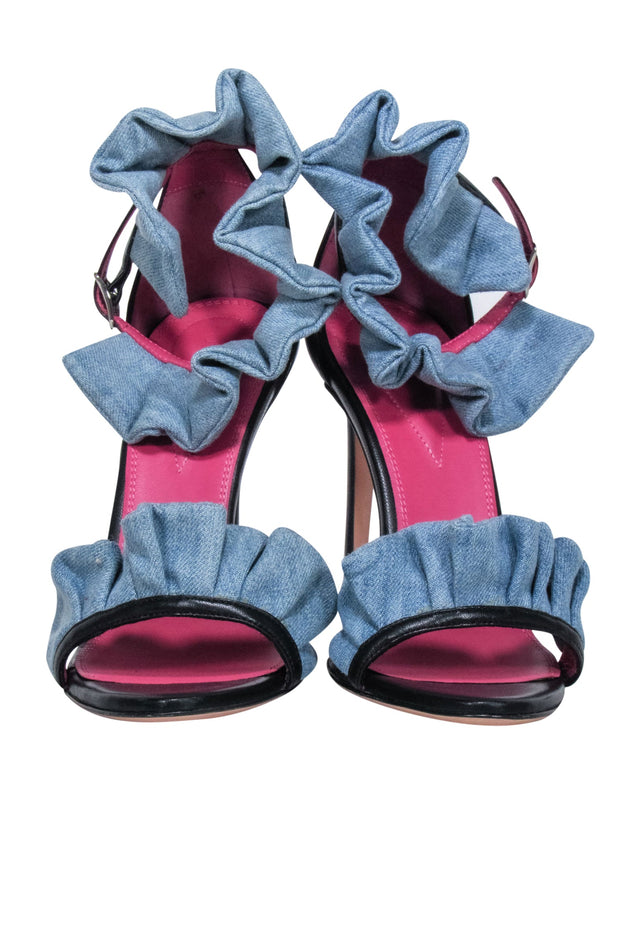 Current Boutique-Oscar Tiye - Blue Denim Ruffle Strappy Leather Pumps Sz 7