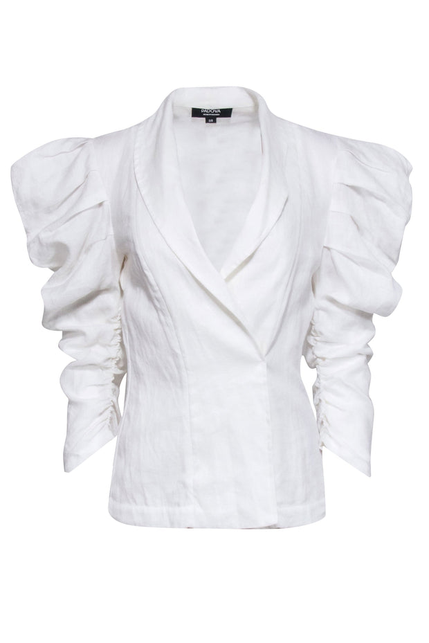 Current Boutique-Padova - White 100% Linen Open Front Blazer Sz S