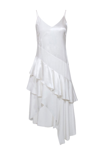 Current Boutique-Parker - Ivory Silk Sleeveless High Low Ruffle Trim Dress Sz 0