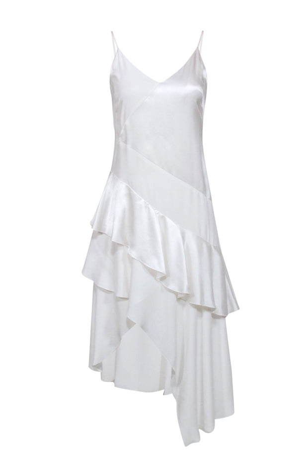 Current Boutique-Parker - Ivory Silk Sleeveless High Low Ruffle Trim Dress Sz 0