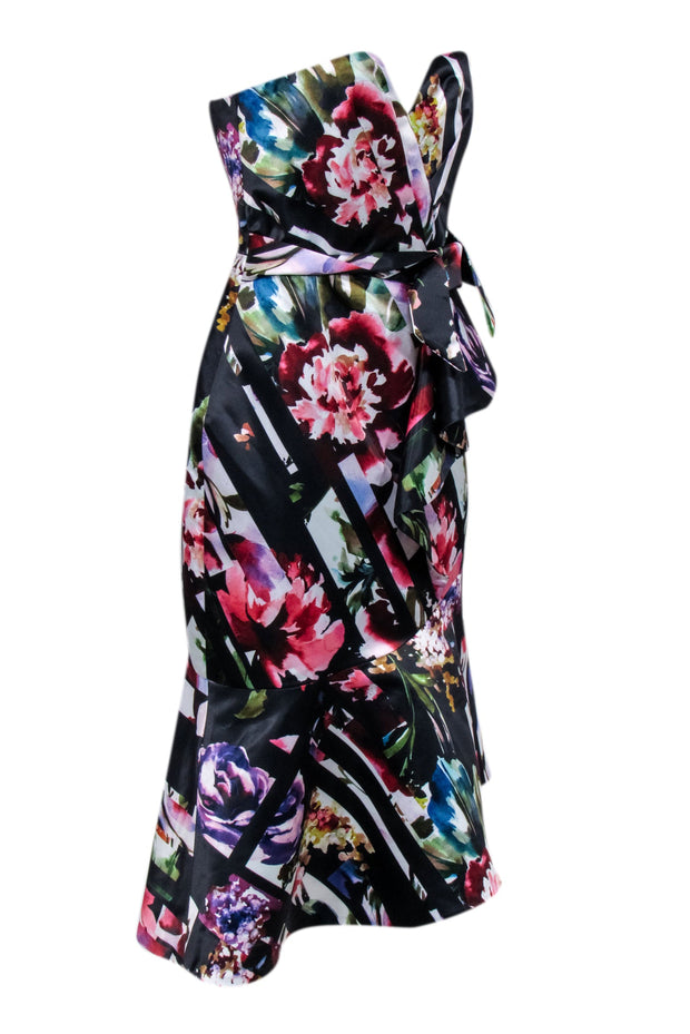 Current Boutique-Parker - Black Floral Strapless Side Bow Fit & Flare Dress Sz 4