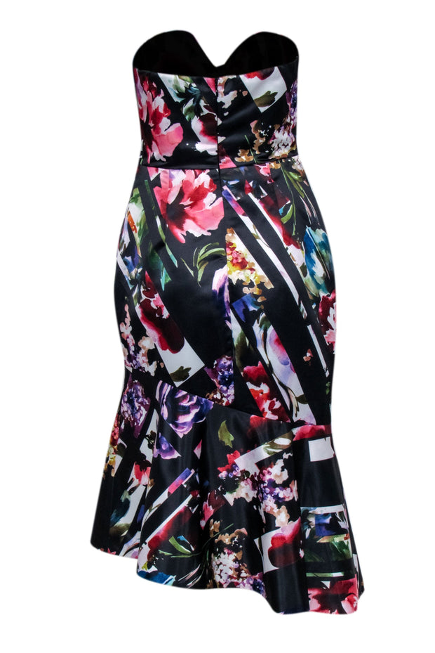Current Boutique-Parker - Black Floral Strapless Side Bow Fit & Flare Dress Sz 4