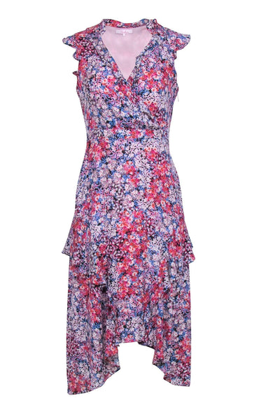 Current Boutique-Parker - Pink & Blue w/ Multi Color Floral Print Wrap Bodice Dress Sz 2