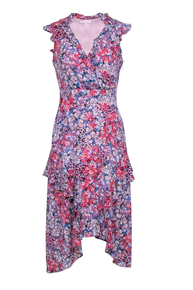 Current Boutique-Parker - Pink & Blue w/ Multi Color Floral Print Wrap Bodice Dress Sz 2