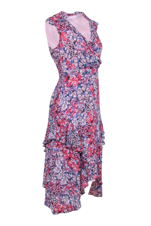 Current Boutique-Parker - Pink & Blue w/ Multi Color Floral Print Wrap Bodice Dress Sz 2