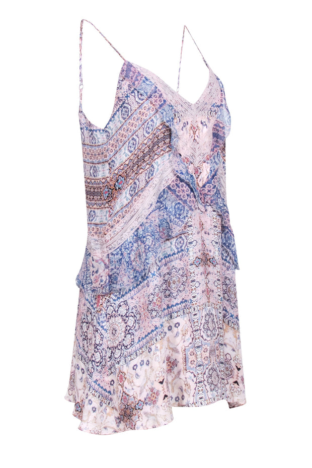 Current Boutique-Parker - Pink & Blue Multi Print Ruffle Trim Mini Shift Silk Dress Sz S