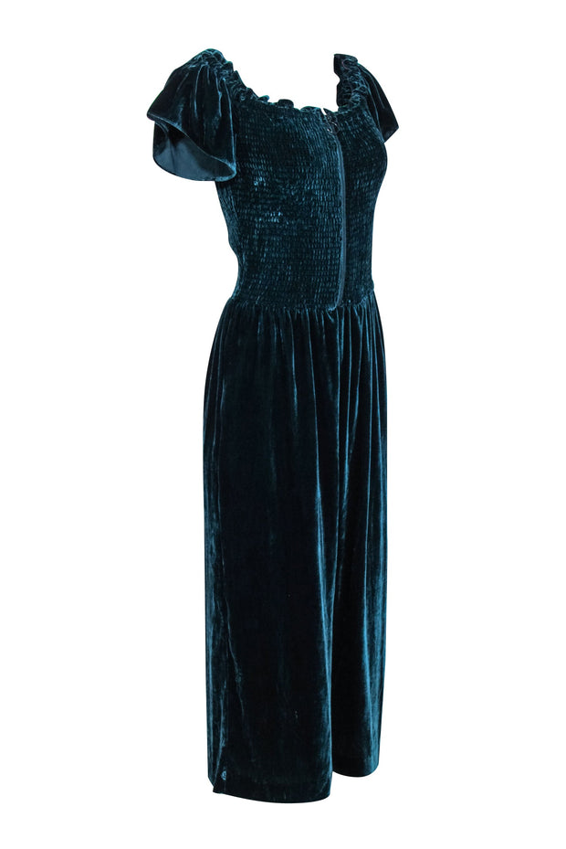 Current Boutique-Parker - Teal Velvet Smocked Bodice Jumpsuit Sz 10