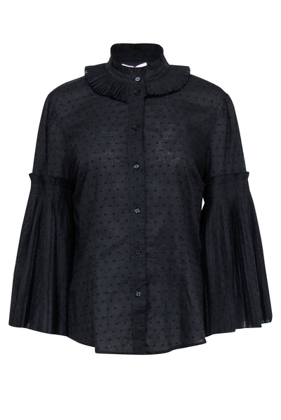 Current Boutique-Parker - Black Swiss Dot Mock Neck Blouse w/ Bell Sleeves Sz L