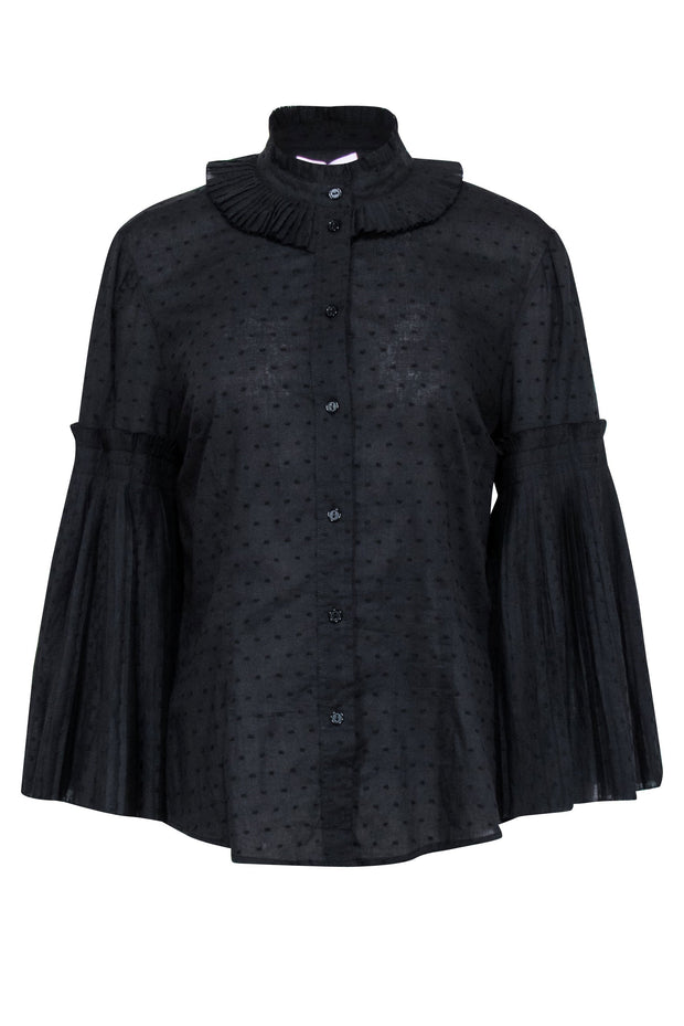Current Boutique-Parker - Black Swiss Dot Mock Neck Blouse w/ Bell Sleeves Sz L