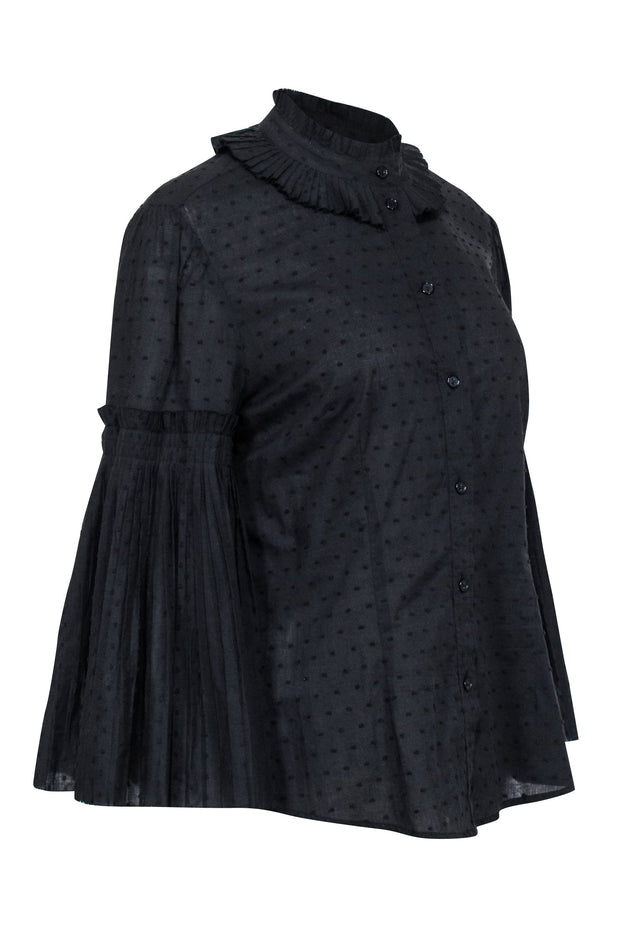 Current Boutique-Parker - Black Swiss Dot Mock Neck Blouse w/ Bell Sleeves Sz L