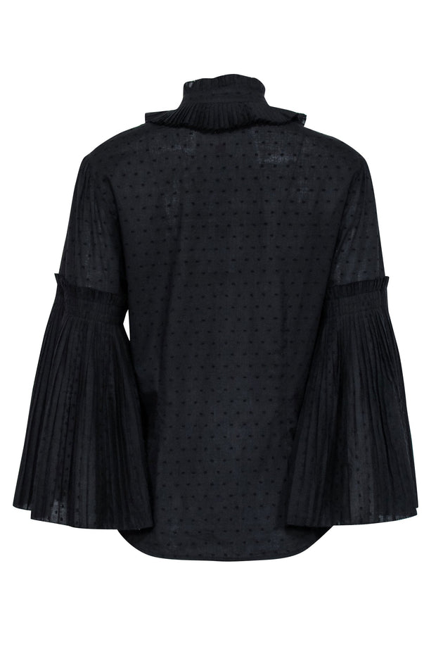 Current Boutique-Parker - Black Swiss Dot Mock Neck Blouse w/ Bell Sleeves Sz L
