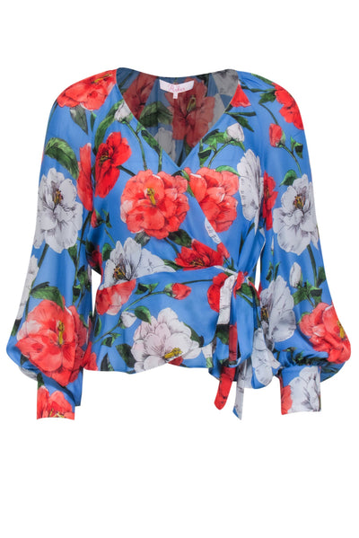 Current Boutique-Parker - Blue w/ Red & White Floral Print Wrap Blouse Sz S