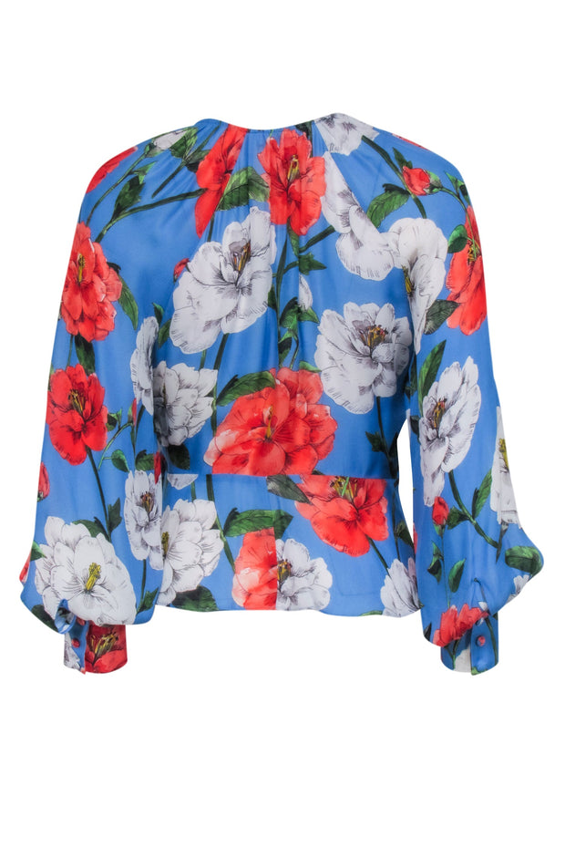 Current Boutique-Parker - Blue w/ Red & White Floral Print Wrap Blouse Sz S