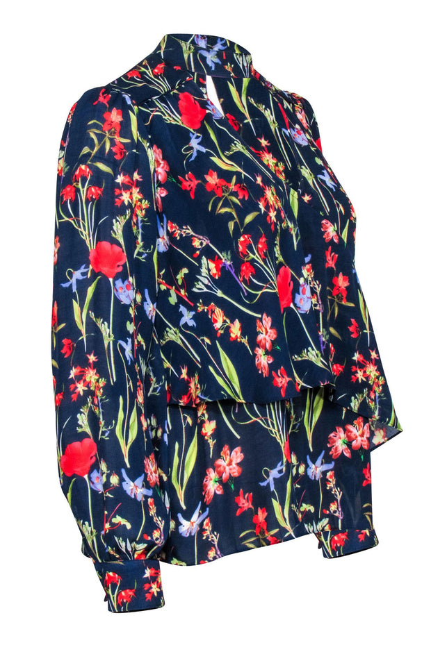 Current Boutique-Parker - Navy w/ Red & Green Floral Print Choker Neck Blouse Sz S
