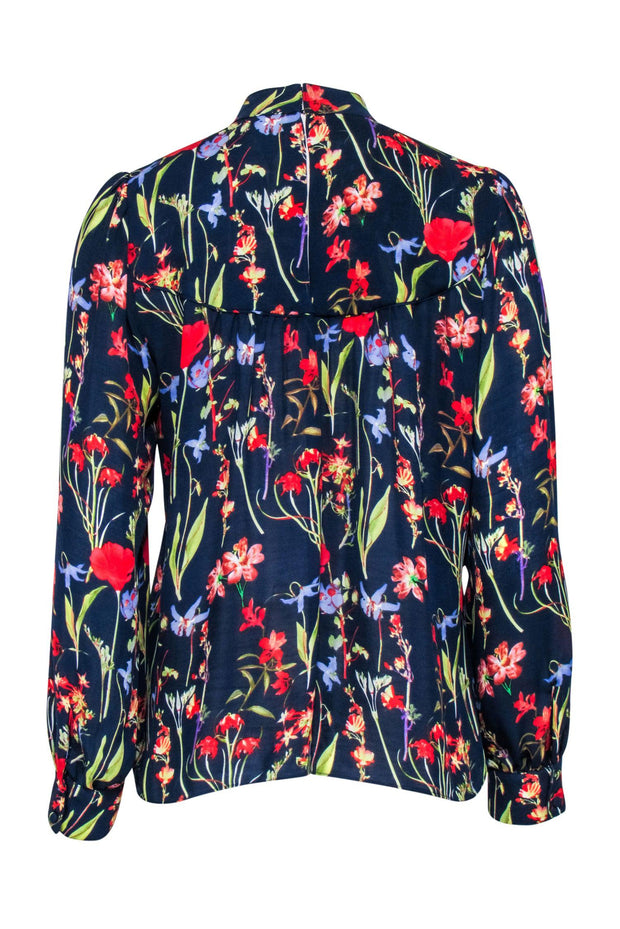 Current Boutique-Parker - Navy w/ Red & Green Floral Print Choker Neck Blouse Sz S