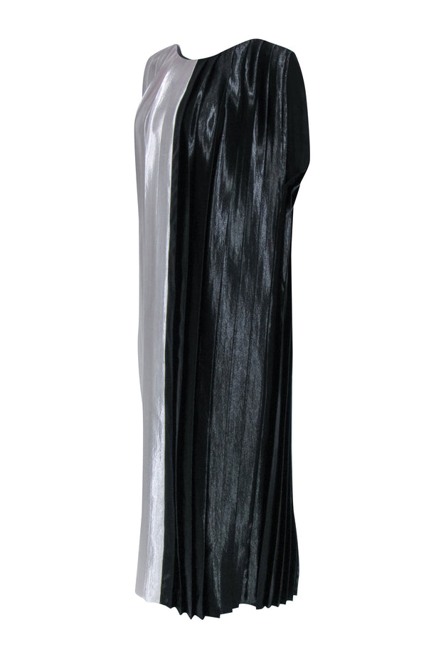 Current Boutique-Partow - Black & White Hammered Satin Pleated Dress Sz 6