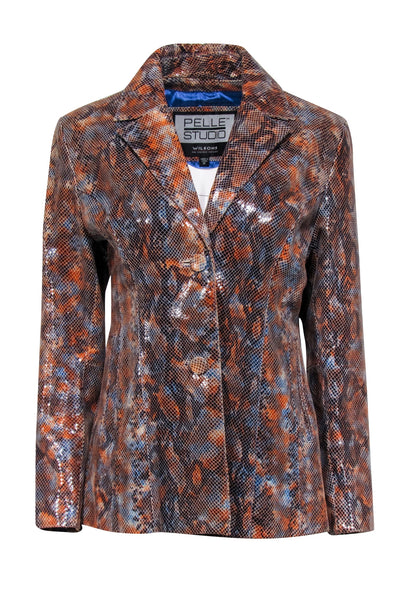 Current Boutique-Pelle Studio - Orange, Blue, & Black Snakeskin Embossed Leather Jacket Sz M